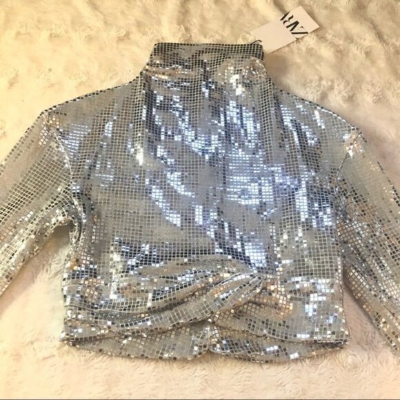 Nwt ZARA Draped Silver Sparkly Cropped Top Size XS - Picture 3 of 11